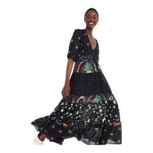 Farm Rio size small mixed stardust maxi dress Celestial Black chickens tiered